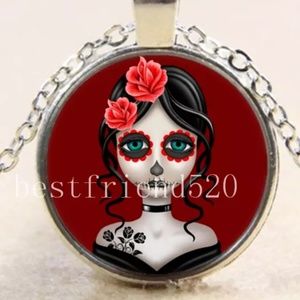 Red Sugar Skull Girl Silver and Glass Necklace
